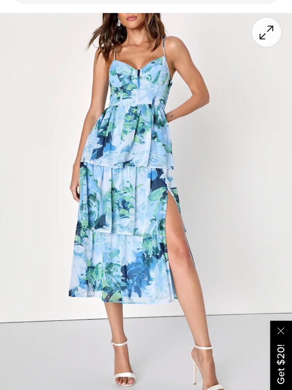 Lulu's Blue Floral Tiered Midi Dress with Side Slit